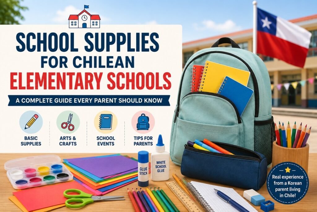 School supplies for Chilean elementary schools including backpack, notebooks, craft materials, and the Chilean flag.